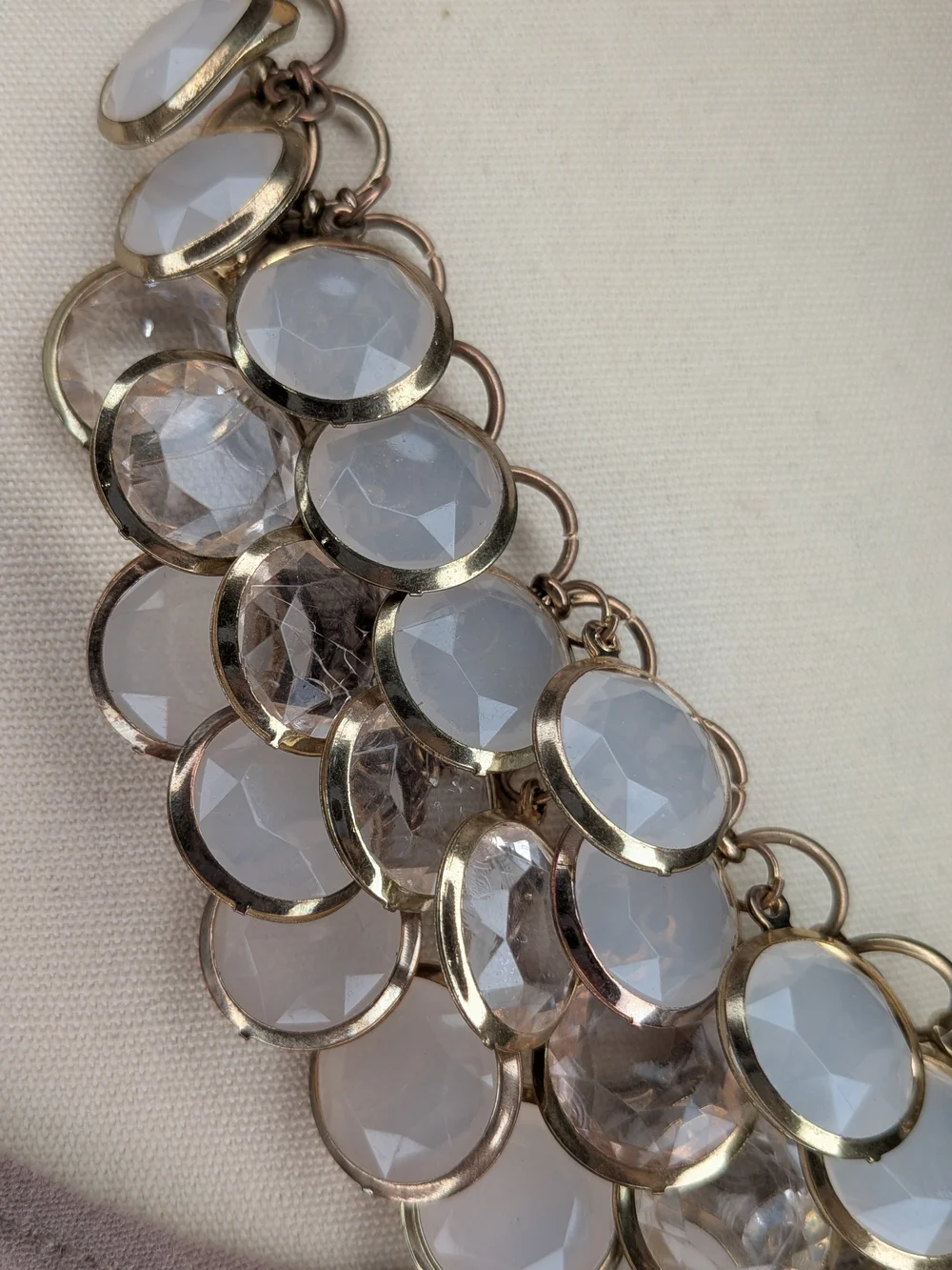 Antique Gold Milky White Glass Cabochon Scale Bib Statement Necklace